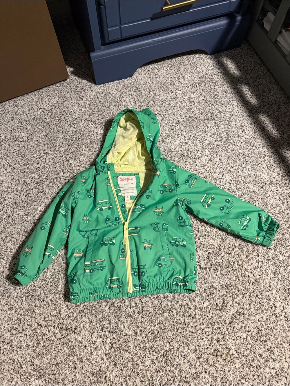 Cat & Jack Green Hooded Raincoat with Vehicle Print